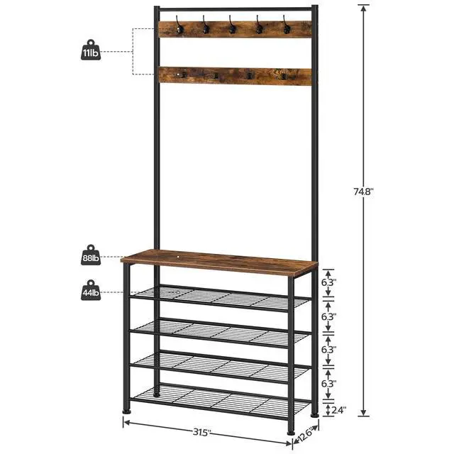 Alt view image 4 of 7 - HOOBRO Hall Tree, Coat Rack with Shoe Rack, Hall Tree with Bench, 5 Tier Shoe Storage Organizer with 9 Hooks for Entryway, Closet, Sturdy, Industrial, Rustic Brown and Black BF80MT01G2