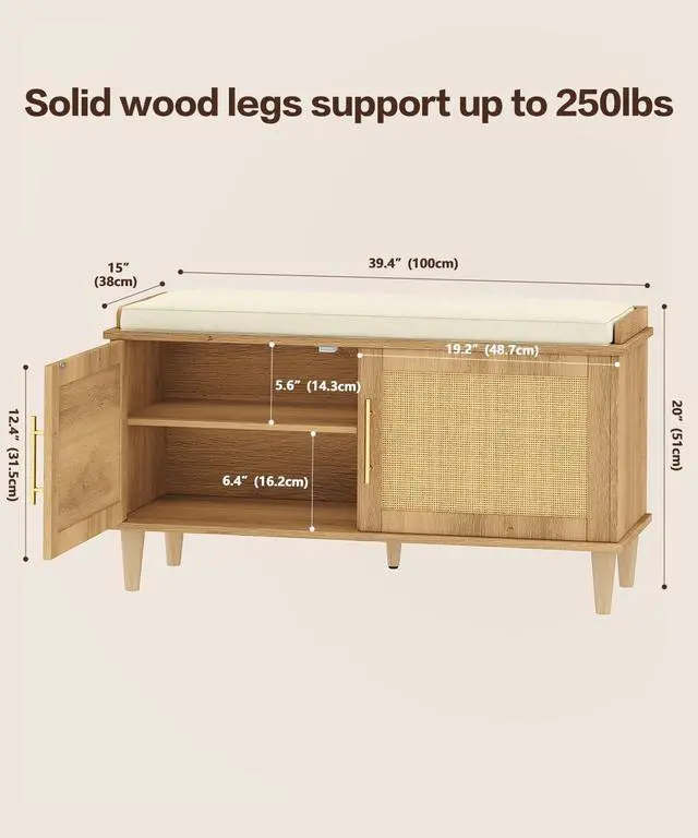 Alt view image 2 of 7 - Akxomel Rattan Shoe Storage Bench with Cushion, 2-Tier Entryway Bench with Adjustable Shelves and 2 Doors, 15" D x 39.4" W x 20" H, Solid Wood Legs, for Hallway, Living Room, Bedroom, Natural Oak