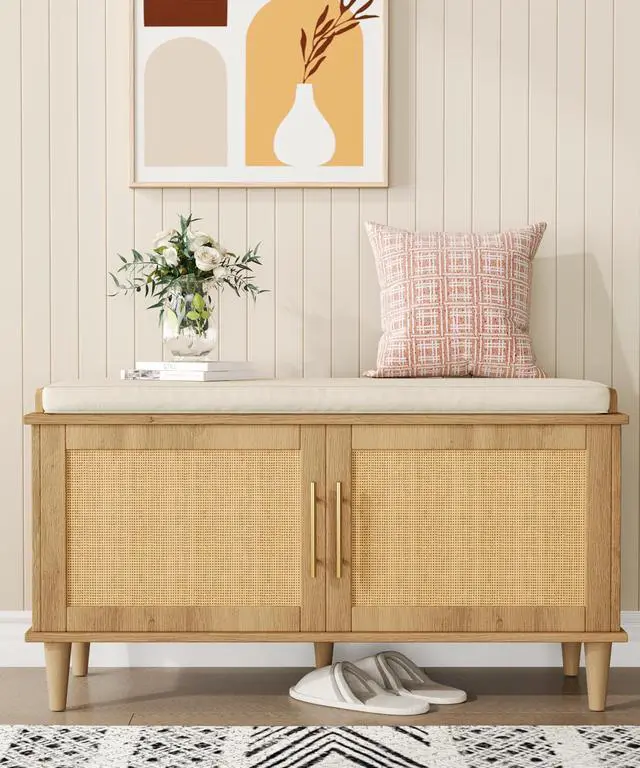 Main image of Akxomel Rattan Shoe Storage Bench with Cushion, 2-Tier Entryway Bench with Adjustable Shelves and 2 Doors, 15" D x 39.4" W x 20" H, Solid Wood Legs, for Hallway, Living Room, Bedroom, Natural Oak