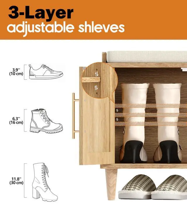 Alt view image 4 of 7 - Akxomel Rattan Shoe Storage Bench with Cushion, 2-Tier Entryway Bench with Adjustable Shelves and 2 Doors, 15" D x 39.4" W x 20" H, Solid Wood Legs, for Hallway, Living Room, Bedroom, Natural Oak