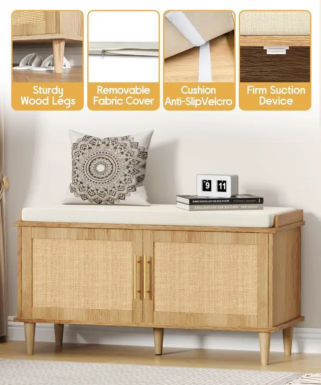 Alt view image 5 of 7 - Akxomel Rattan Shoe Storage Bench with Cushion, 2-Tier Entryway Bench with Adjustable Shelves and 2 Doors, 15" D x 39.4" W x 20" H, Solid Wood Legs, for Hallway, Living Room, Bedroom, Natural Oak