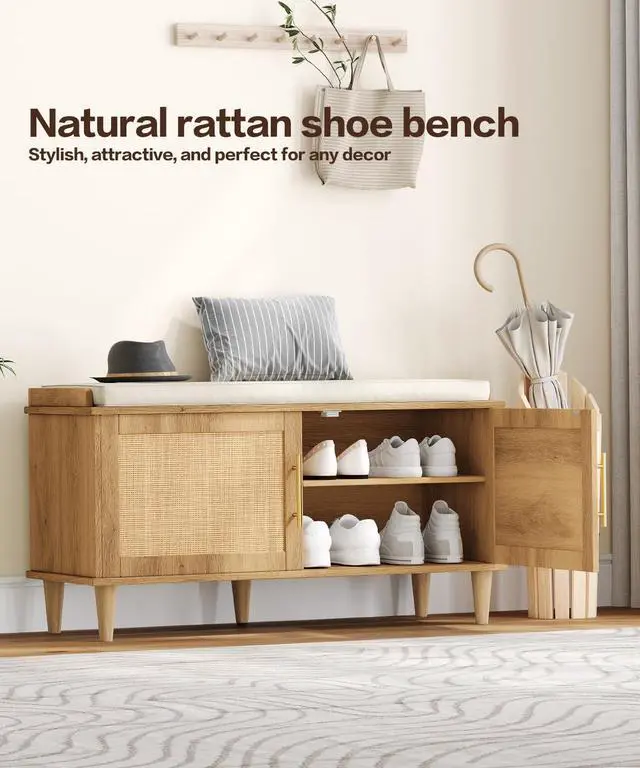 Alt view image 3 of 7 - Akxomel Rattan Shoe Storage Bench with Cushion, 2-Tier Entryway Bench with Adjustable Shelves and 2 Doors, 15" D x 39.4" W x 20" H, Solid Wood Legs, for Hallway, Living Room, Bedroom, Natural Oak