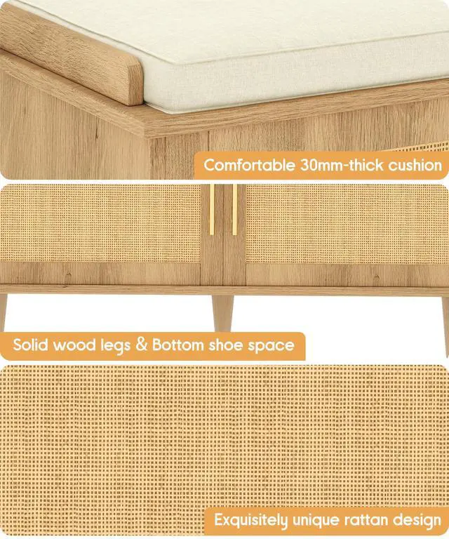 Alt view image 7 of 7 - Akxomel Rattan Shoe Storage Bench with Cushion, 2-Tier Entryway Bench with Adjustable Shelves and 2 Doors, 15" D x 39.4" W x 20" H, Solid Wood Legs, for Hallway, Living Room, Bedroom, Natural Oak