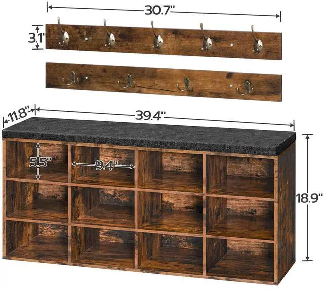 Alt view image 3 of 7 - HOOBRO Shoe Storage Bench with Cushion, 39.4" L Entryway Bench with 12 Cubbies, Entryway Hall Tree with Storage, Shoe Cabinet with Coat Rack for Bedroom, Hallway, Holds up to 330 lb, BF112HX01G1