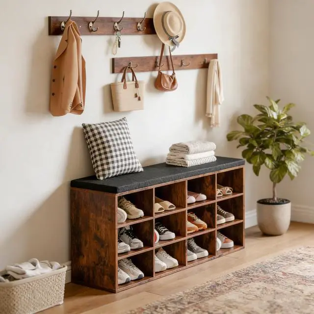 Alt view image 2 of 7 - HOOBRO Shoe Storage Bench with Cushion, 39.4" L Entryway Bench with 12 Cubbies, Entryway Hall Tree with Storage, Shoe Cabinet with Coat Rack for Bedroom, Hallway, Holds up to 330 lb, BF112HX01G1