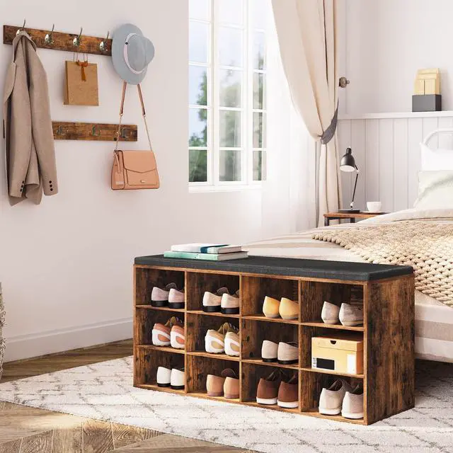 Alt view image 5 of 7 - HOOBRO Shoe Storage Bench with Cushion, 39.4" L Entryway Bench with 12 Cubbies, Entryway Hall Tree with Storage, Shoe Cabinet with Coat Rack for Bedroom, Hallway, Holds up to 330 lb, BF112HX01G1