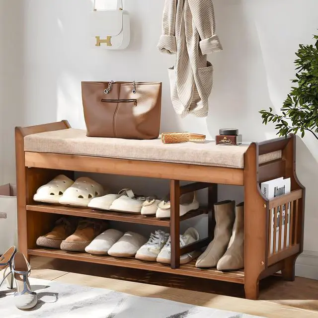 Main image of PETKABOO Shoe Bench with Hidden Drawer and Side Holder, 2 Tier Entryway Bench with Storage 39.4 in, Bamboo Shoe Rack with Cushion for Entryway Hallway Living Room Bedroom