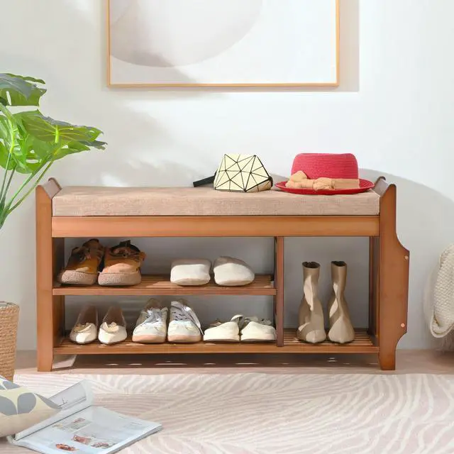 Alt view image 2 of 7 - PETKABOO Shoe Bench with Hidden Drawer and Side Holder, 2 Tier Entryway Bench with Storage 39.4 in, Bamboo Shoe Rack with Cushion for Entryway Hallway Living Room Bedroom
