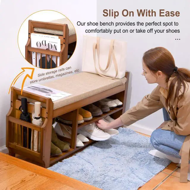 Alt view image 3 of 7 - PETKABOO Shoe Bench with Hidden Drawer and Side Holder, 2 Tier Entryway Bench with Storage 39.4 in, Bamboo Shoe Rack with Cushion for Entryway Hallway Living Room Bedroom