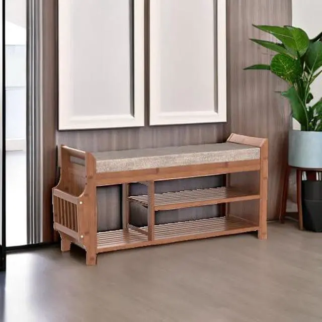 Alt view image 5 of 7 - PETKABOO Shoe Bench with Hidden Drawer and Side Holder, 2 Tier Entryway Bench with Storage 39.4 in, Bamboo Shoe Rack with Cushion for Entryway Hallway Living Room Bedroom