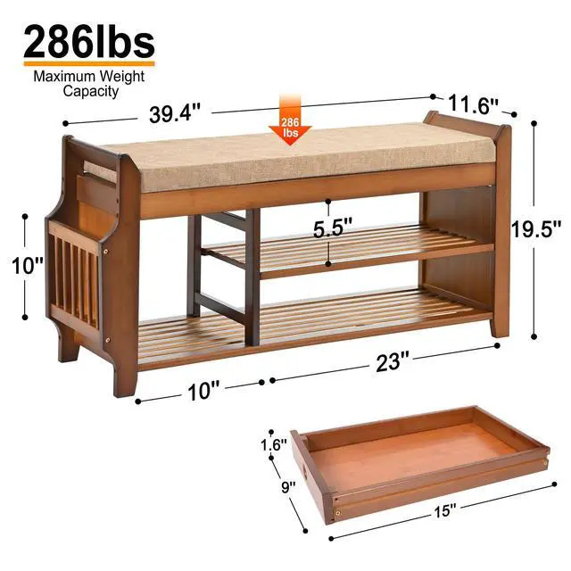 Alt view image 4 of 7 - PETKABOO Shoe Bench with Hidden Drawer and Side Holder, 2 Tier Entryway Bench with Storage 39.4 in, Bamboo Shoe Rack with Cushion for Entryway Hallway Living Room Bedroom