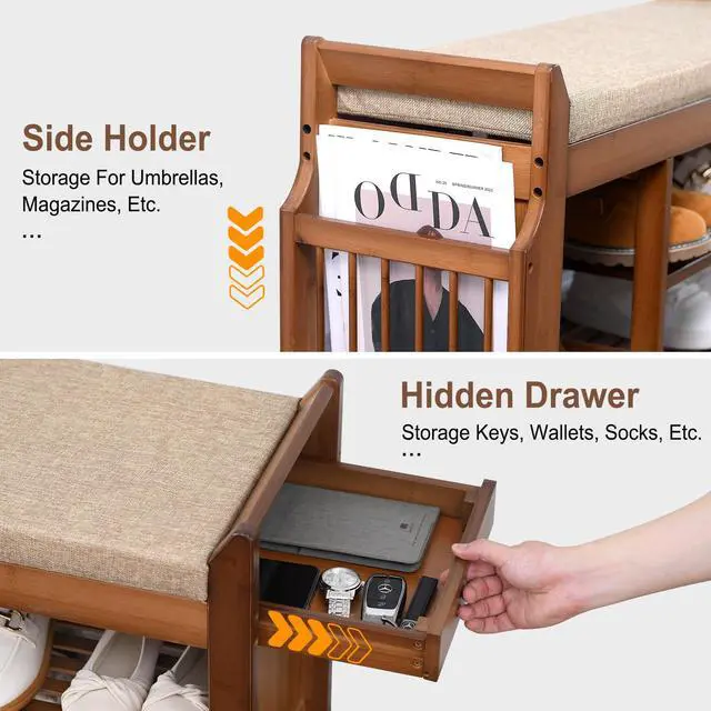Alt view image 7 of 7 - PETKABOO Shoe Bench with Hidden Drawer and Side Holder, 2 Tier Entryway Bench with Storage 39.4 in, Bamboo Shoe Rack with Cushion for Entryway Hallway Living Room Bedroom