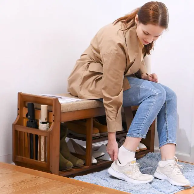 Alt view image 6 of 7 - PETKABOO Shoe Bench with Hidden Drawer and Side Holder, 2 Tier Entryway Bench with Storage 39.4 in, Bamboo Shoe Rack with Cushion for Entryway Hallway Living Room Bedroom