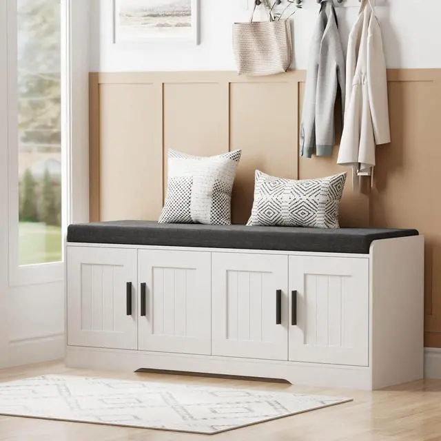 Main image of Homleke 2-Tier Storage Bench, Shoe Bench with Thickened Padded Seat Cushion, Entryway Bench with 4 Doors, Adjustable Shelf, 13.8" D x 45.3" W x 18.5" H, for Entryway, Living Room, Bedroom, White