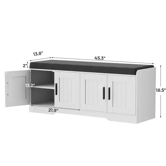 Alt view image 4 of 7 - Homleke 2-Tier Storage Bench, Shoe Bench with Thickened Padded Seat Cushion, Entryway Bench with 4 Doors, Adjustable Shelf, 13.8" D x 45.3" W x 18.5" H, for Entryway, Living Room, Bedroom, White