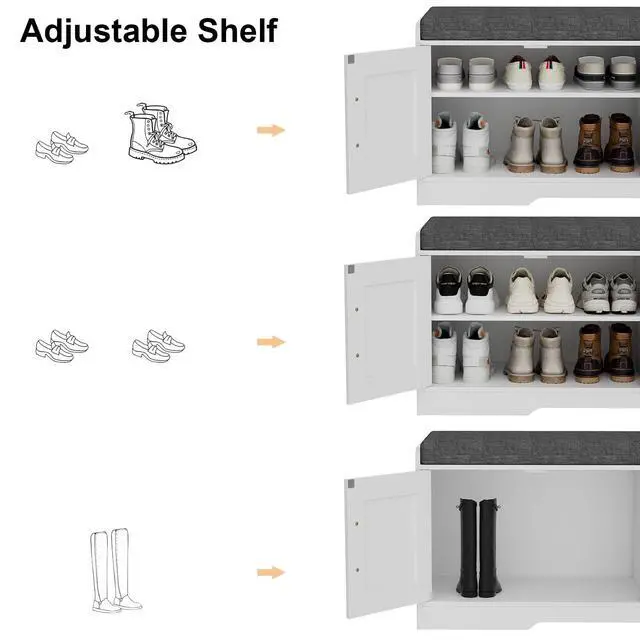 Alt view image 7 of 7 - Homleke 2-Tier Storage Bench, Shoe Bench with Thickened Padded Seat Cushion, Entryway Bench with 4 Doors, Adjustable Shelf, 13.8" D x 45.3" W x 18.5" H, for Entryway, Living Room, Bedroom, White