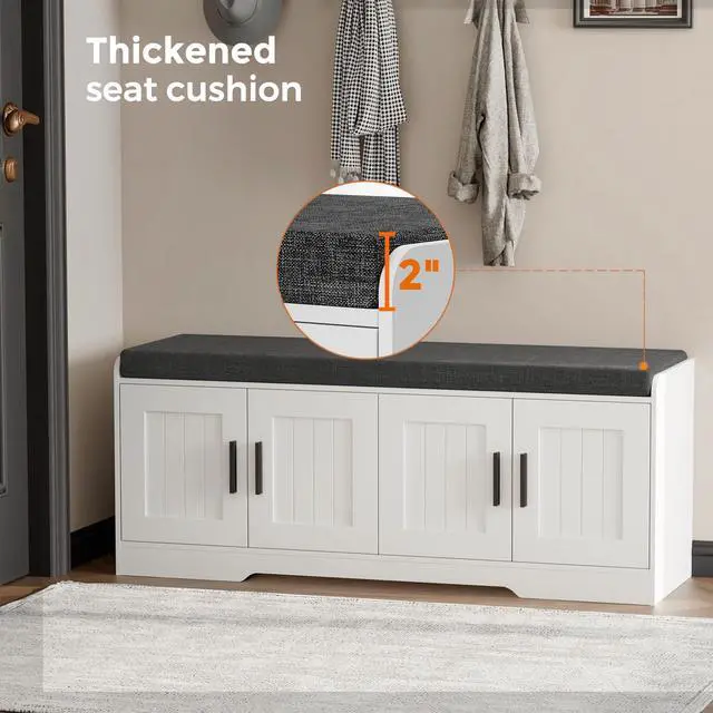 Alt view image 5 of 7 - Homleke 2-Tier Storage Bench, Shoe Bench with Thickened Padded Seat Cushion, Entryway Bench with 4 Doors, Adjustable Shelf, 13.8" D x 45.3" W x 18.5" H, for Entryway, Living Room, Bedroom, White