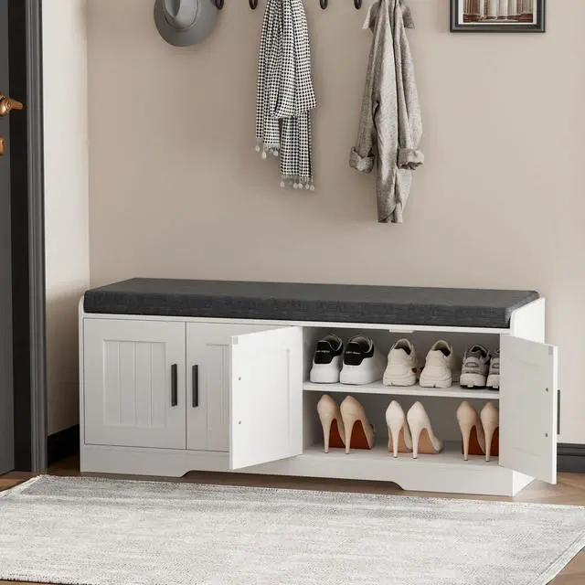 Alt view image 2 of 7 - Homleke 2-Tier Storage Bench, Shoe Bench with Thickened Padded Seat Cushion, Entryway Bench with 4 Doors, Adjustable Shelf, 13.8" D x 45.3" W x 18.5" H, for Entryway, Living Room, Bedroom, White