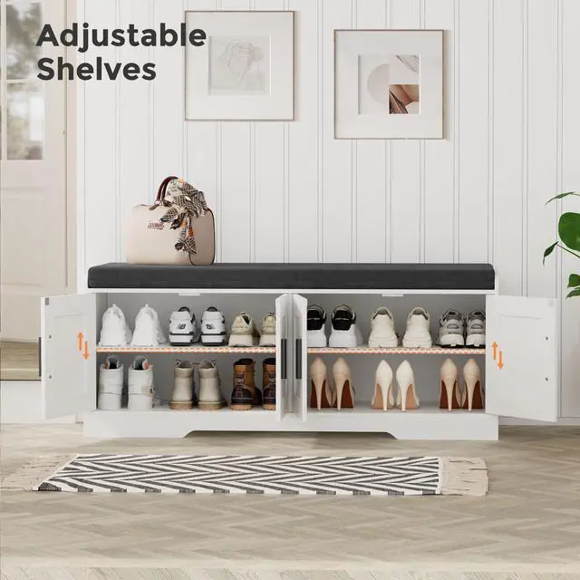 Alt view image 6 of 7 - Homleke 2-Tier Storage Bench, Shoe Bench with Thickened Padded Seat Cushion, Entryway Bench with 4 Doors, Adjustable Shelf, 13.8" D x 45.3" W x 18.5" H, for Entryway, Living Room, Bedroom, White
