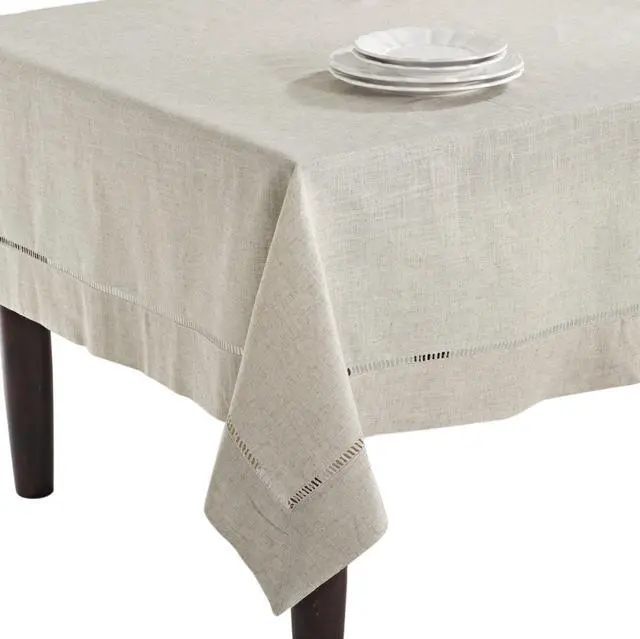 Main image of SARO LIFESTYLE Poly and Linen Blend Toscana Tablecloth with Hemstitch Border, Natural, 65"x140"