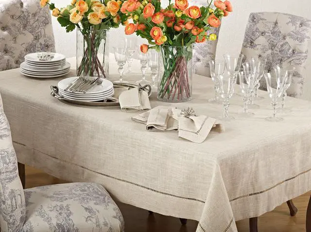 Alt view image 2 of 3 - SARO LIFESTYLE Poly and Linen Blend Toscana Tablecloth with Hemstitch Border, Natural, 65"x140"