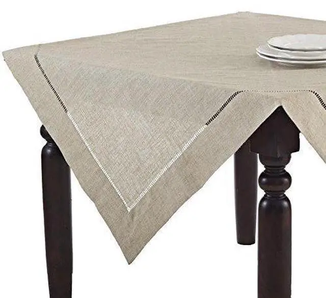Alt view image 3 of 3 - SARO LIFESTYLE Poly and Linen Blend Toscana Tablecloth with Hemstitch Border, Natural, 65"x140"