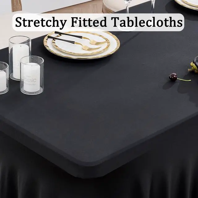 Alt view image 2 of 7 - 4 Pack Black Spandex Tablecloths for 8 Foot Rectangle Tables, Wrinkle Free Stretchy Table Cloth 8ft Fitted Tablecover Skirt for Parties Weddings Birthday Banquet Baby Shower