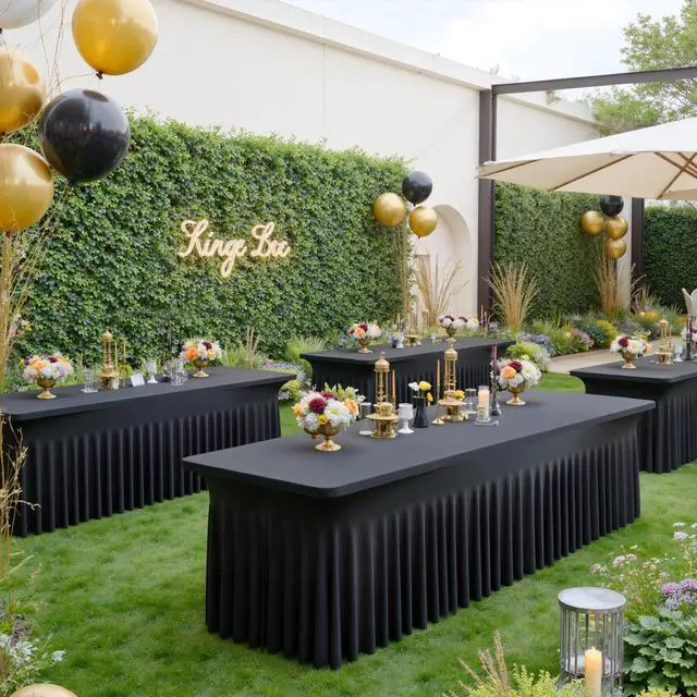 Alt view image 4 of 7 - 4 Pack Black Spandex Tablecloths for 8 Foot Rectangle Tables, Wrinkle Free Stretchy Table Cloth 8ft Fitted Tablecover Skirt for Parties Weddings Birthday Banquet Baby Shower