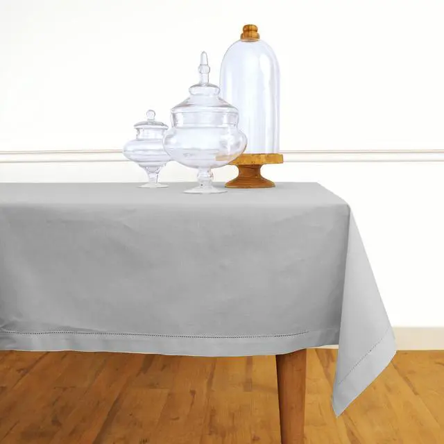 Main image of Solino Home Light Grey Tablecloth 58 x 104 Inch - Cotton Linen Hemstitch Rectangular Tablecloth - Machine Washable Table Cloth for Summer