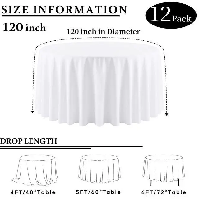 Alt view image 2 of 7 - CKIKU 12 Packs 120 Inch White Round Tablecloth in Diameter, Washable Polyester Fabric Tablecloths, Wrinkle Resistant Table Cloth for Wedding Party Banquet Dining