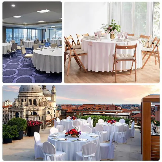 Alt view image 7 of 7 - CKIKU 12 Packs 120 Inch White Round Tablecloth in Diameter, Washable Polyester Fabric Tablecloths, Wrinkle Resistant Table Cloth for Wedding Party Banquet Dining