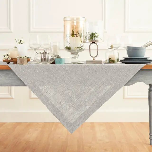 Main image of Solino Home Linen Tablecloth 52 x 52 Inch - 100% Pure Linen Square Table Throw - Athena, Machine Washable Oyster Grey Tablecloth for Summer