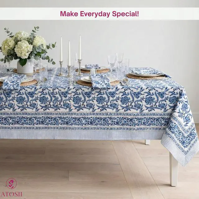 Alt view image 6 of 7 - ATOSII Midnight Bloom 100% Cotton Spring Summer Tablecloth, Hand Block Print Rectangle Table Cover for Kitchen Dining Linen I Parties, Outdoors, Wedding, Easter I 72 X 120 Inches I 10 Seater