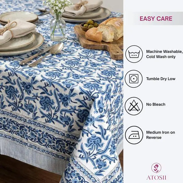Alt view image 7 of 7 - ATOSII Midnight Bloom 100% Cotton Spring Summer Tablecloth, Hand Block Print Rectangle Table Cover for Kitchen Dining Linen I Parties, Outdoors, Wedding, Easter I 72 X 120 Inches I 10 Seater
