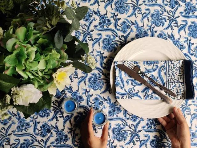 Alt view image 4 of 7 - ATOSII Midnight Bloom 100% Cotton Spring Summer Tablecloth, Hand Block Print Rectangle Table Cover for Kitchen Dining Linen I Parties, Outdoors, Wedding, Easter I 72 X 120 Inches I 10 Seater