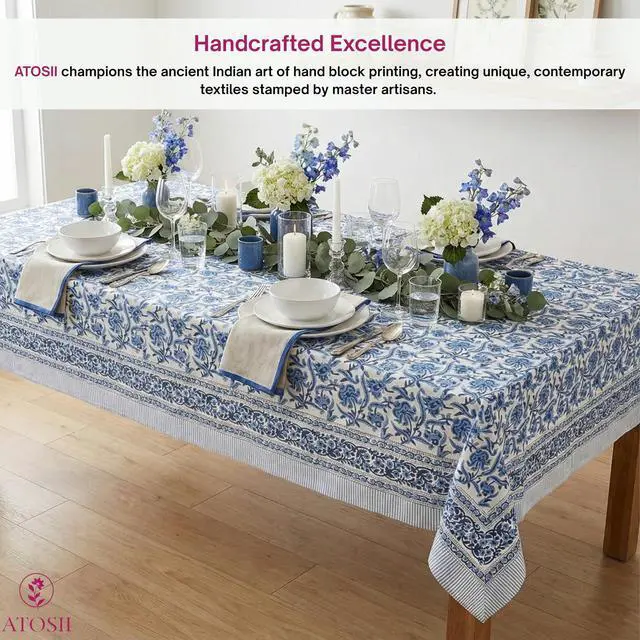 Alt view image 3 of 7 - ATOSII Midnight Bloom 100% Cotton Spring Summer Tablecloth, Hand Block Print Rectangle Table Cover for Kitchen Dining Linen I Parties, Outdoors, Wedding, Easter I 72 X 120 Inches I 10 Seater