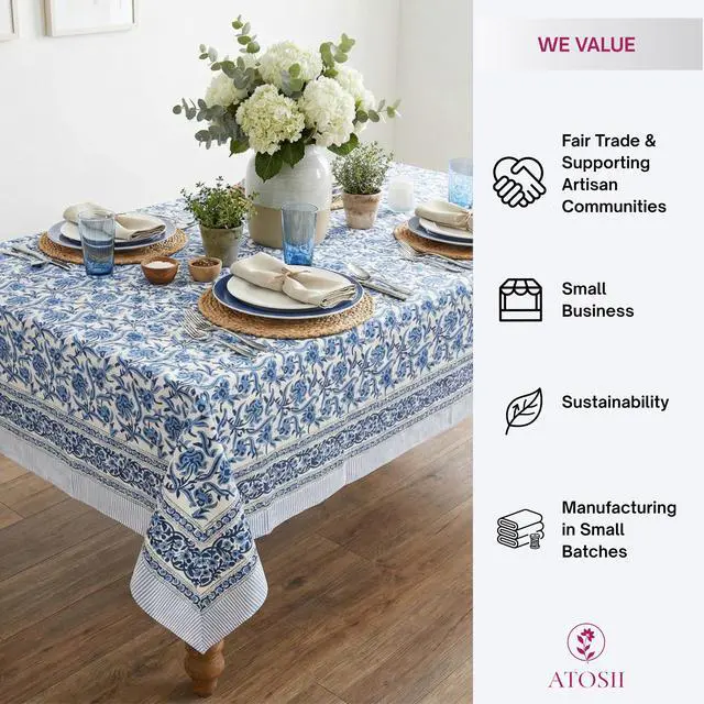 Alt view image 5 of 7 - ATOSII Midnight Bloom 100% Cotton Spring Summer Tablecloth, Hand Block Print Rectangle Table Cover for Kitchen Dining Linen I Parties, Outdoors, Wedding, Easter I 72 X 120 Inches I 10 Seater