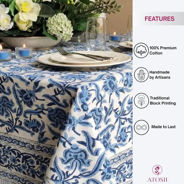 Alt view image 2 of 7 - ATOSII Midnight Bloom 100% Cotton Spring Summer Tablecloth, Hand Block Print Rectangle Table Cover for Kitchen Dining Linen I Parties, Outdoors, Wedding, Easter I 72 X 120 Inches I 10 Seater