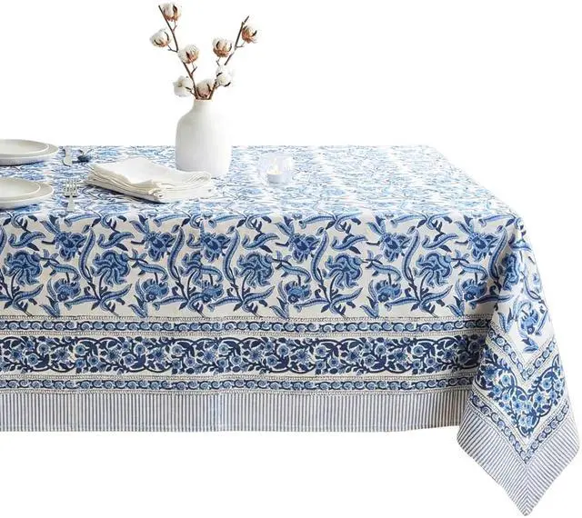 Main image of ATOSII Midnight Bloom 100% Cotton Spring Summer Tablecloth, Hand Block Print Rectangle Table Cover for Kitchen Dining Linen I Parties, Outdoors, Wedding, Easter I 72 X 120 Inches I 10 Seater