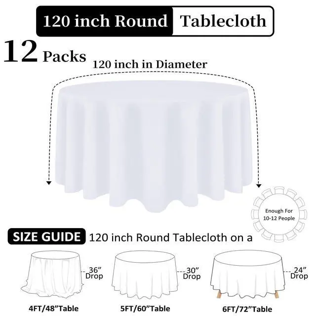 Alt view image 2 of 7 - Heneger 12 Pack White Round Tablecloth 120 Inch White Table Cloth Stain and Wrinkle Resistant Reusable and Washable Polyester Fabric Table Covers for Buffet Wedding Party and Banquet