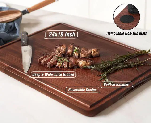 Alt view image 6 of 7 - AZRHOM XXL Large Walnut Wood Cutting Board for Kitchen 24x18 (Gift Box) with Juice Groove Handles Non-slip Mats Thick Reversible Butcher Block Chopping Board