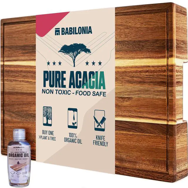 Main image of XXL Acacia Cutting Board for Kitchen 24 x 15 Inch (ExtraThick 1.6") Non Toxic Wood Chopping Board for Meat, Cheese, Wooden Charcuterie Boards with Handle, Hardwood Butcher Block (Oil & Plate Included)