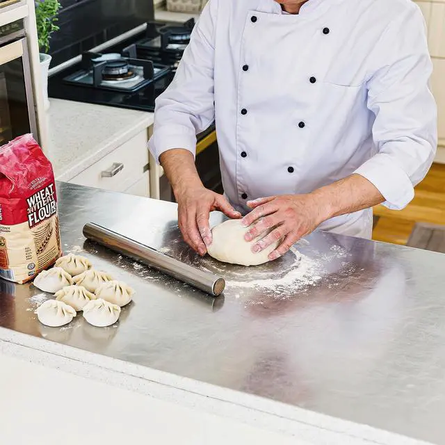 Alt view image 7 of 7 - tonchean Extra Large 304 Stainless Steel Chopping Board with Lip, 35.4x 22.8Steel Cutting Board with Rolling Pin, Metal Noodle Board Pastry Board Kneading Dough Board for Kitchen Restaurant