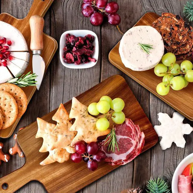 Alt view image 5 of 6 - Nuenen 10 Pcs Wood Cutting Board with Handle 15.7 x 7.8 Inch Acacia Wooden Serving Kitchen Chopping Boards for Pizza, Bread, Cheese, Charcuterie, Fruit, Vegetables(Acacia)
