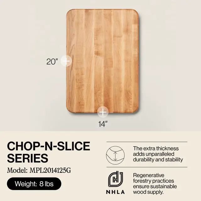 Alt view image 2 of 7 - John Boos Chop-N-Slice Series Rectangular Maple Cutting Board, 20" x 14" x 1.25", 10 lb Reversible Edge-Grain Butcher Block with Finger Grips, Made in the USA