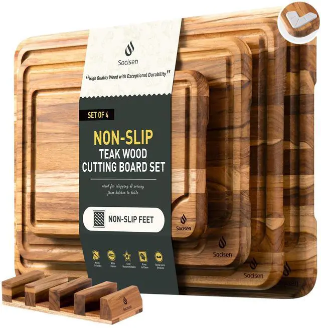 Main image of 4 Pack Teak Wood Cutting Board Set for Kitchen Heavy Duty Non Toxic Non Slip Solid Thick Wood Haus Chopping Board Extra Large Big Small Meat Best Essential House Warming Hostess Host Gift