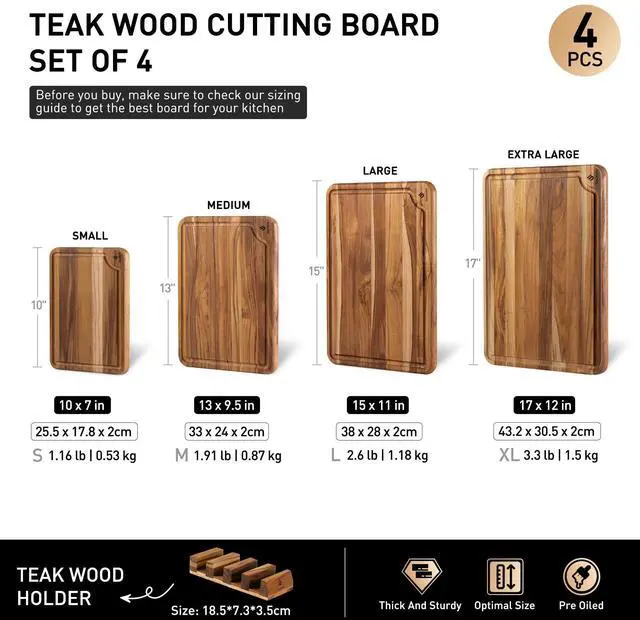 Alt view image 3 of 7 - 4 Pack Teak Wood Cutting Board Set for Kitchen Heavy Duty Non Toxic Non Slip Solid Thick Wood Haus Chopping Board Extra Large Big Small Meat Best Essential House Warming Hostess Host Gift