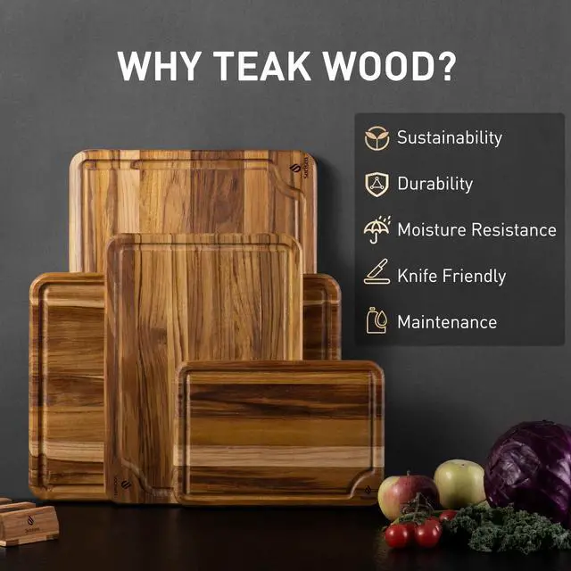 Alt view image 2 of 7 - 4 Pack Teak Wood Cutting Board Set for Kitchen Heavy Duty Non Toxic Non Slip Solid Thick Wood Haus Chopping Board Extra Large Big Small Meat Best Essential House Warming Hostess Host Gift
