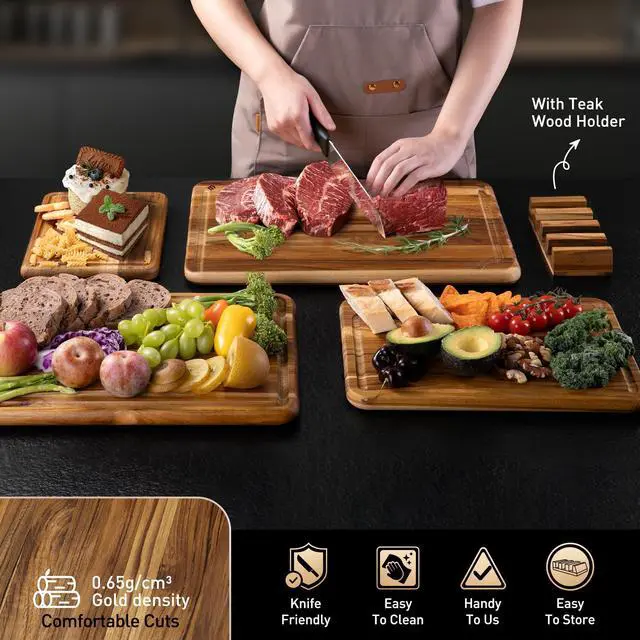 Alt view image 5 of 7 - 4 Pack Teak Wood Cutting Board Set for Kitchen Heavy Duty Non Toxic Non Slip Solid Thick Wood Haus Chopping Board Extra Large Big Small Meat Best Essential House Warming Hostess Host Gift