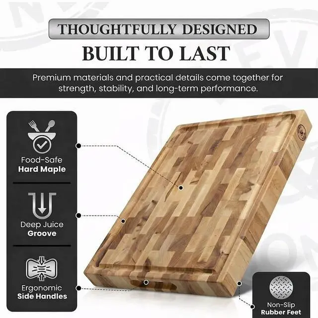 Alt view image 2 of 7 - Maple End-Grain Cutting Board Made in USA 17 x 13 x 1.75 (10 lbs) - Thick Butcher Block Juice Groove, Non-Slip Feet Food-Safe Mineral Oil Finish Premium Gift Box